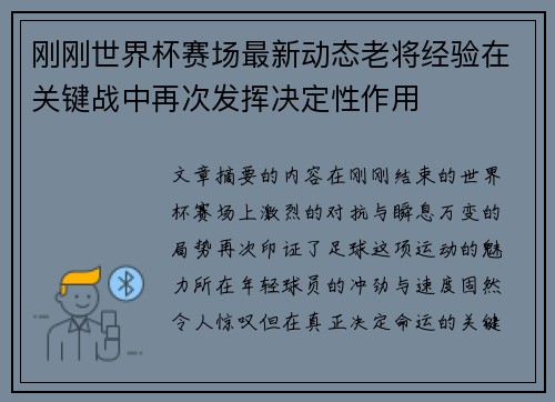 刚刚世界杯赛场最新动态老将经验在关键战中再次发挥决定性作用